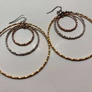 Triple Hoop Pierced Earrings Tri Color Metal